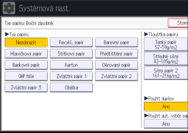 Vkládání papíru do bočního zásobníku 1. Stiskněte tlačítko [Nástroje uživatele/počitadlo]. 2. Stiskněte [Nastavení zás. papíru]. 3. Stiskněte tlačítko [ Další]. CJS039 4.