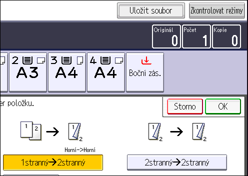 3. Kopírování Originál Vkládání originálů Orientace originálu Orientace Kopírování Horní->Dolní 1. Stiskněte položku [Dupl./Komb./Série]. 2. Ujistěte se, zda je zvolena položka [Duplex].