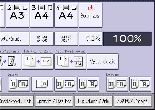 3. Kopírování CKN074 Existuje 6 typů oboustranné kombinace. 1stranně 4 originály Komb. 2str. Zkopíruje čtyři jednostranné originály na jeden list se dvěma stránkami na každé straně.