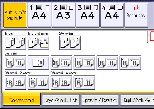 Dokončování 1. Stiskněte položku [Dokončování]. 2. Vyberte jednu z pozic děrování otvorů. 3. Stiskněte [OK].