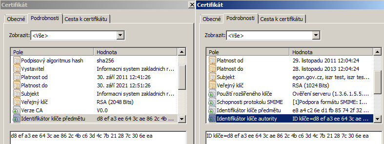 Podřízená CA vydala certifikát pro AIS, respektive