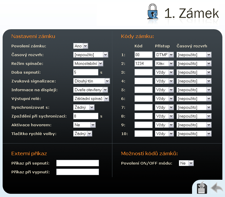 Konfigurace 3.4 Zámky Toto menu slouží k nastavení kódů a způsobu řízení spínačů 1. až 4. zámku připojených k 2N Helios IP. Pro obj. č. 9137131(CK)E, 9137161(CK)E a 9137111(CK)E je 3. a 4.