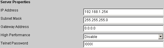 GNOME485 S e r v e r P r o p e r t i e s (Nastavení serveru) Základní položky nastavení Ethernetu, jako IP adresa, maska sítě, IP adresa brány a heslo pro nastavení.