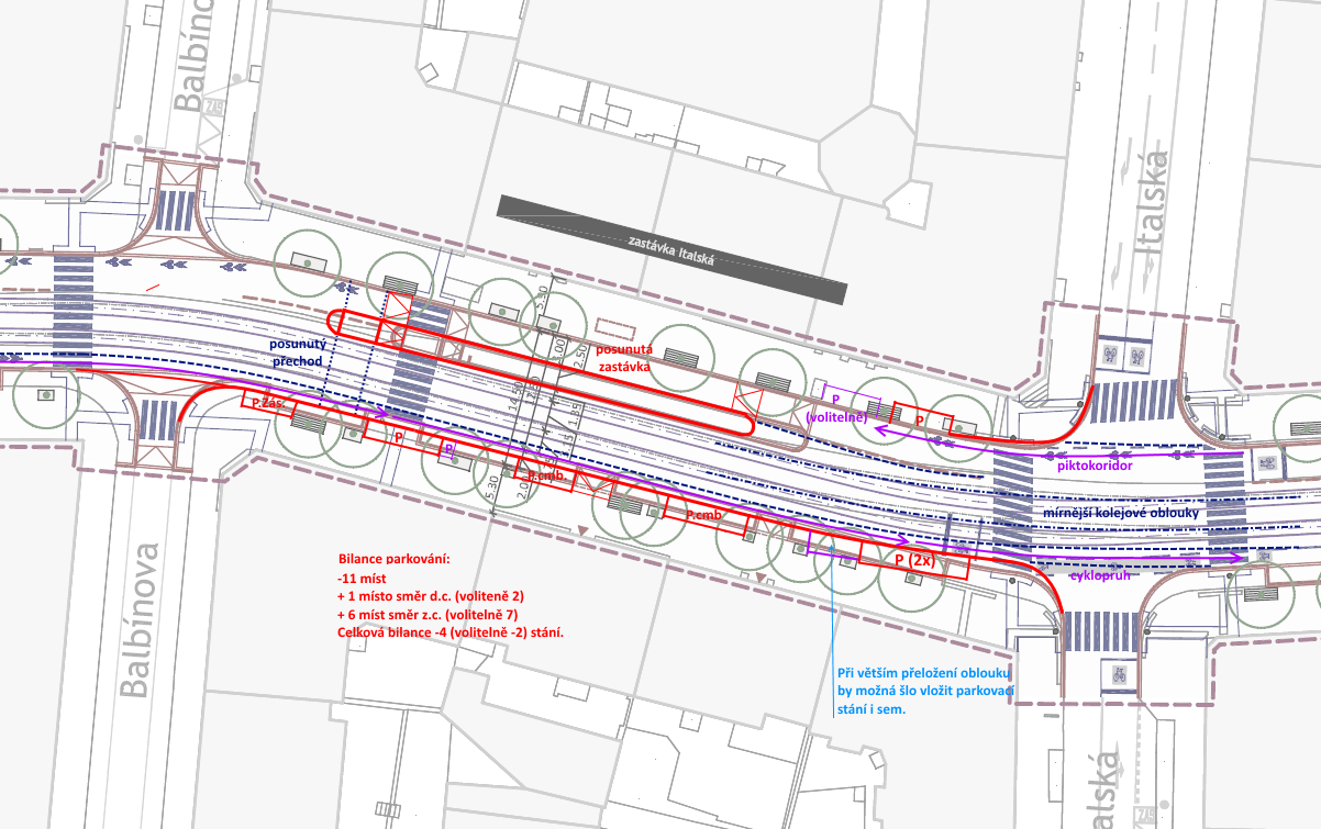(8) V úseku ulice od Vinohradské tržnice po Italskou (směrem do centra) navrhujeme umístění několika zásobovacích stání mezi stromy.
