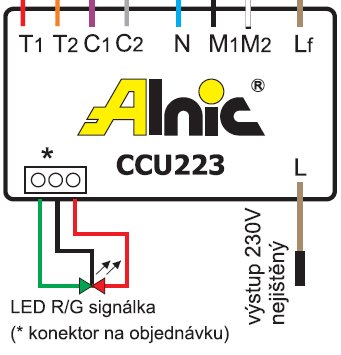 mezi přívody napájení Lf(L) a ovládacími povely centrálu C1, C2-230 V. Výstup na pohon : 230 V / 700 VA doba aktivního povelu bez programování 2 min.