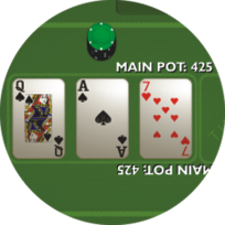 HLAVNÍ OBRAZOVKA První kolo sázení se ukončuje když všichní hráči zaplatí stejnou výšku. Potom se zformuje Main Pot a na strĕdním stole se objeví 3 společnĕ karty.