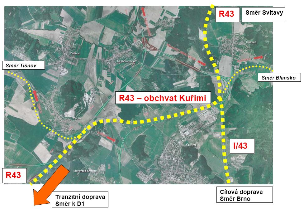3 (fialová) v EIA na rychlostní komunikaci R43 v úseku Kuřim Svitávka (HBH, 2007), tj. trasa R43 vedená jako obchvat obcí Lipůvka a Lažany.