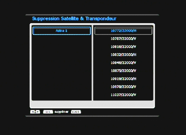 I. Menu KANÁLY I.3) Vymazání satelitu & transpondéru Toto menu umožňuje buď vymazání celého satelitu, nebo vámi zvolených transpondérů.