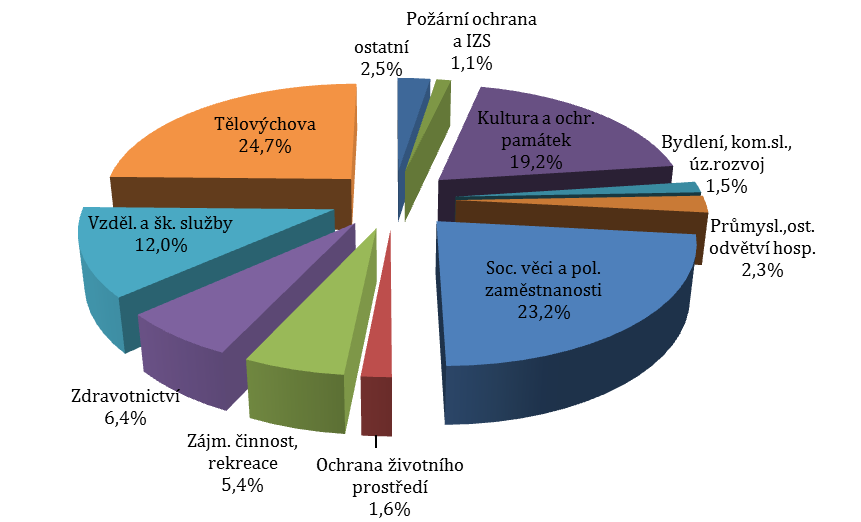 Největší objem dotací poskytnutých NNO z rozpočtů krajů a hl. m. Prahy v roce 2012 směřoval do Tělovýchovy, Sociálních věcí a politiky zaměstnanosti a Kultury a ochrany památek. Graf 36.