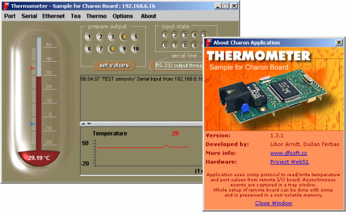 Ovládání aplikace Thermometer Před spuštěním JAVA aplikace nastavte IP adresu modulu Charon v textovém souboru. Options Pokud IP adresu modulu nenastavíte v charon_properties.