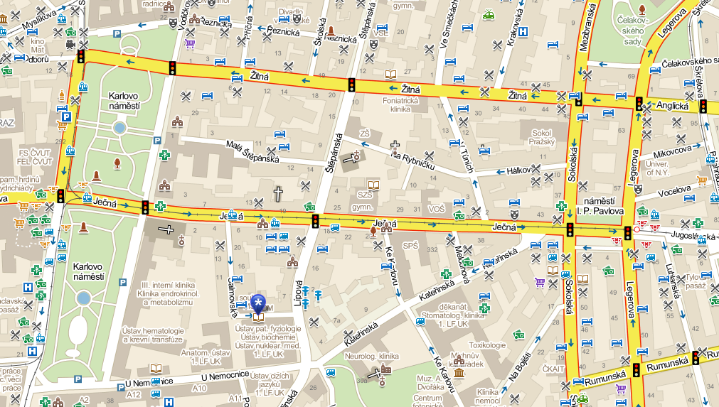 JAK SE K NÁM DOSTANETE? MHD: tramvaje č. 4, 16, 10, 22 ze stanic metra Karlovo náměstí (trasa B) nebo I.P.