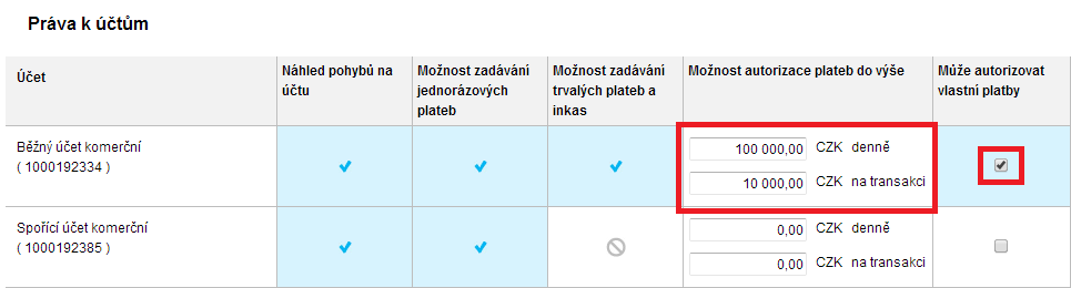 4.2. Nastavení limitů Statutární zástupce společnosti nastavuje limity Disponentovi do určité výše. Pokud má Disponent autorizovat platby, tak musí mít vždy nastavený limit na transakci i denní limit.