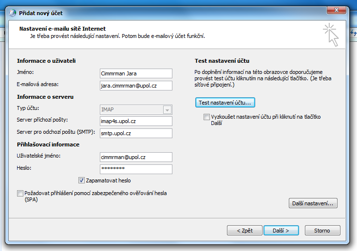 Obrázek 13 Konfigurace IMAP krok 2 Jméno serveru pro přístup protokolem IMAP je imap4s.upol.cz. Jméno serveru pro odesílání pošty je smtp.