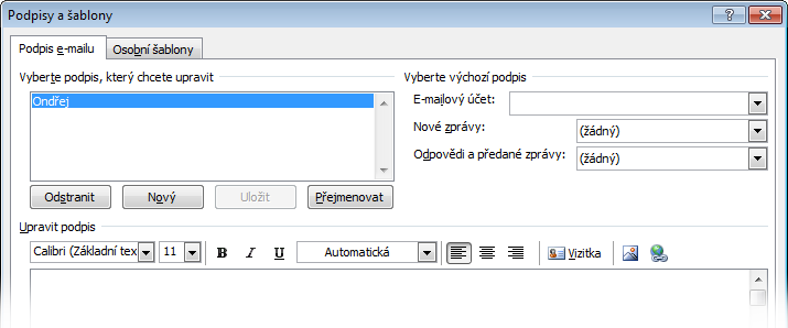 Vytvoření podpisu e-mailu Začněte otevřením nové zprávy. Na kartě Zpráva klikněte ve skupině Zahrnout na tlačítko Podpis a na příkaz Podpisy. Na kartě Podpis e-mailu klikněte na tlačítko Nový.