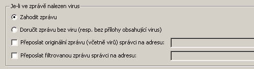 V následující části můžete specifikovat pravidla pro akce provedené v rámci detekce infikované zprávy nebo filtrování příloh: Umožňuje definovat akce provedené při detekci viru nebo v rámci procesu