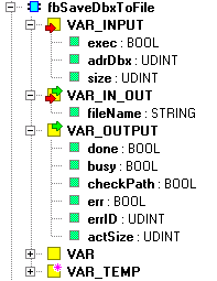 5.2 Funkční blok fbsavedbxtofile Funkční blok fbsavedbxtofile zapíše na náběžnou hranu proměnné exec blok paměti z DataBoxu do souboru.