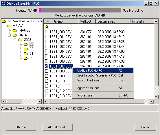 Viditelnost uložených souborů pro web server Web server PLC používá jako kořenový adresář ROOT/WWW. Pokud mají být soubory dostupné přes web rozhraní, musí být uloženy v této cestě (např.