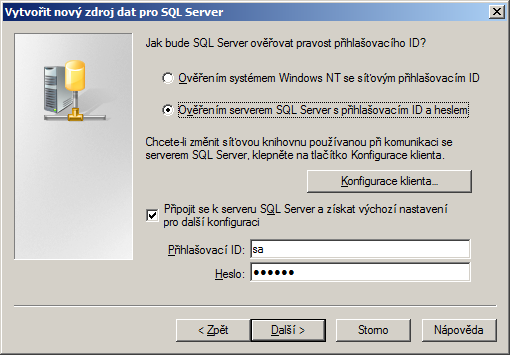 11. Zvolte [Další]. 12. V editačním poli Jak bude SQL Server ověřovat pravost přihlašovacího ID? zvolte volbu "Ověřením serverem SQL Server s přihlašovacím ID a heslem". 13.