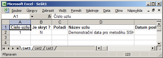 3. Otevře se program Microsoft Excel a informace z přehledu uzlu se přenesou do nové XLS tabulky. 4.