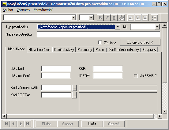 III. část - Metodické listy pro vyplňování formulářů 3. Implicitně je otevřen formulář na záložce Identifikace a kurzor je aktivní v modrém editačním poli s rozbalovací nabídkou Typ prostředku:.