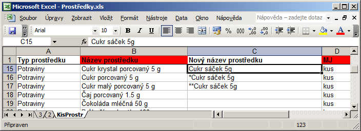 12. Z řádku referenční tabulky zapište další údaje věcného prostředku podle bodu 8. - 11. postupu B.1.1 Načtení katalogu prostředků z jiných IS. 13. Uložte XLS tabulku Prostředky. 14.