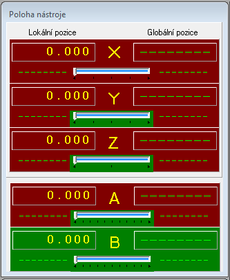 Okno poloha nástroje Globální souřadnice po kalibraci stroje určují absolutní polohu nástroje v