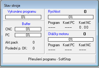 Okno stav stroje Vykonáno programu Buffer