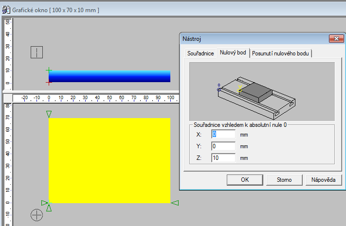 Nulový bod obrobku Menu Nástroj Nulový bod Zadáme hodnoty vzhledem k absolutní nule