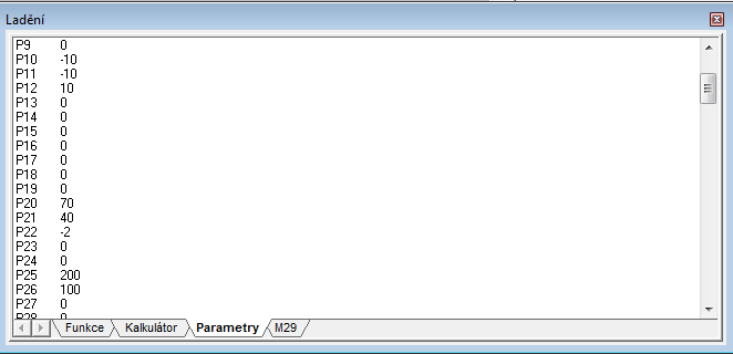 Hodnoty parametrů Menu Zobrazit Ladění Parametry