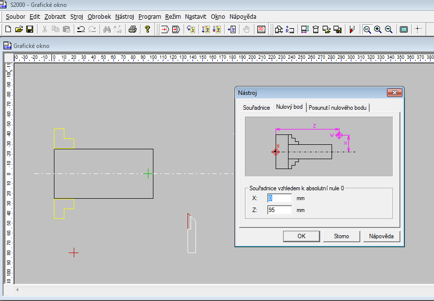 Nulový bod obrobku Menu Nástroj Nulový bod osa X = 0 osa Z = délka