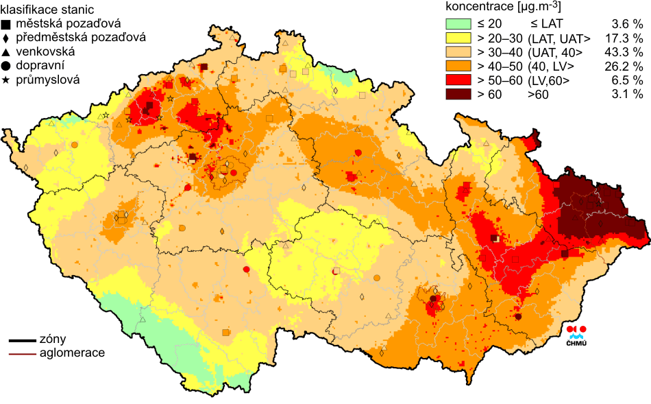 mezi horní mezí pro posuzování a imisním limitem, část území města Brna a jeho těsné blízkosti překračuje imisní limit.