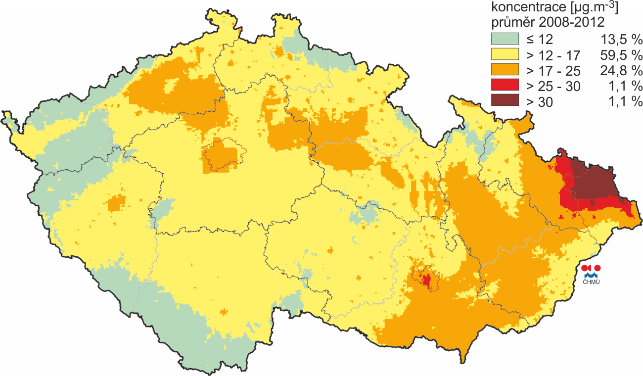 Generální rozptylová studie Jihomoravského kraje 2016 Obrázek 57: Pole průměrné roční koncentrace PM 2,5, ČR, rok 2012