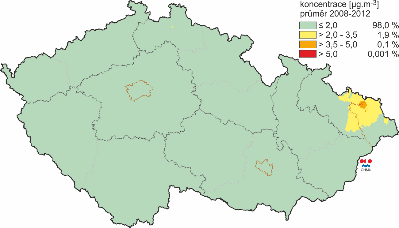 Obrázek 68: Pole průměrné roční koncentrace benzenu, ČR, rok 2012 Zdroj dat: ČHMÚ V roce 2012 se celé území Jihomoravského kraje pohybovalo nízkých koncentrací benzenu pod 2 µg.