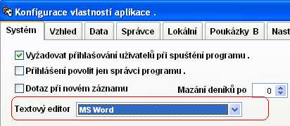 Možné textové editory jsou: MS Word, MS WordPad, Open Office. Speciální volba je Výchozí editor.