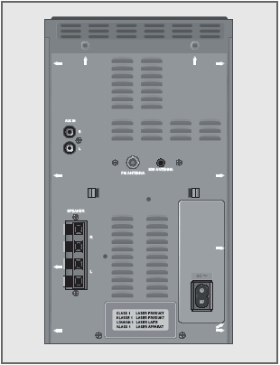 VNĚJŠÍ POHLED Zadní část hi-fi soustavy FM Anténa MW Anténa R AUX IN L SPEAKER R+/- L+/- AC ~ Anténní zásuvka pro připojení venkovní antény nebo dodané přídavné antény.