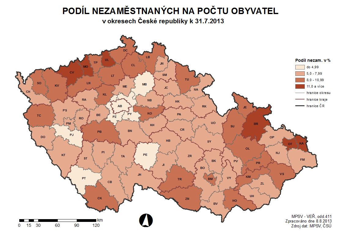 měsíců) na celkovém počtu nezaměstnaných ve 2. čtvrtletí 201312 činil 39 %, podíl uchazečů starších 50 let 27 %. Průměrný věk uchazeče o zaměstnání byl 39,3 let.