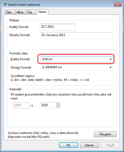 7) Přepněte se na záložku Datum a zde překontrolujte, zda nejsou u masky krátký
