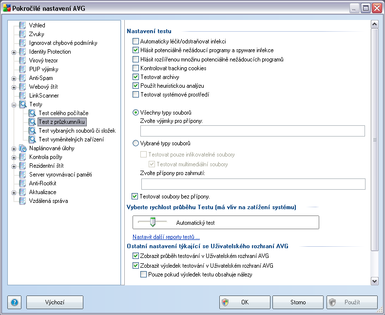 Windows: Veškeré možnosti editace parametrů testu jsou totožné s editací parametrů Testu celého počítače.