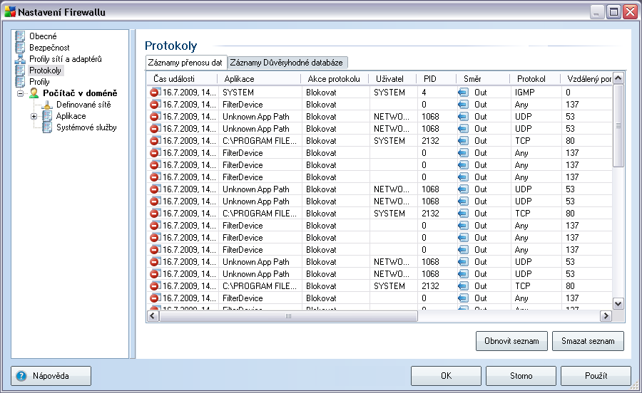 11.4. Protokoly Dialog Protokoly nabízí seznamy všech protokolovaných událostí Firewallu s přehledem parametrů jednotlivých událostí (čas události, jméno aplikace, která se pokoušela navázat spojení,