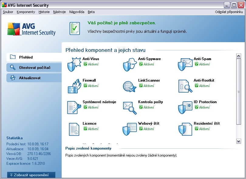 7. Uživatelské rozhraní AVG AVG 9 Internet Security se otevře v tomto rozhraní: Hlavní okno je rozděleno do několika sekcí: Systémové menu (navigace Windows zobrazená zcela nahoře) je standardní