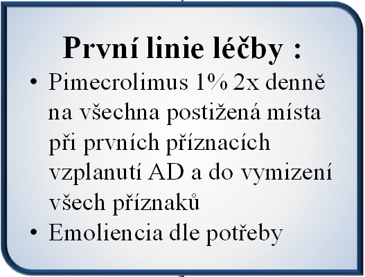 Nový léčebný algoritmus pro mírnou a středně závažnou AD: Evropský konsensus INFIKOVANÁ AD (zápach, mokvání, pustule) Důkladné očištění kůže k odstranění šupinek a stroupků Antibakteriální/antisept.