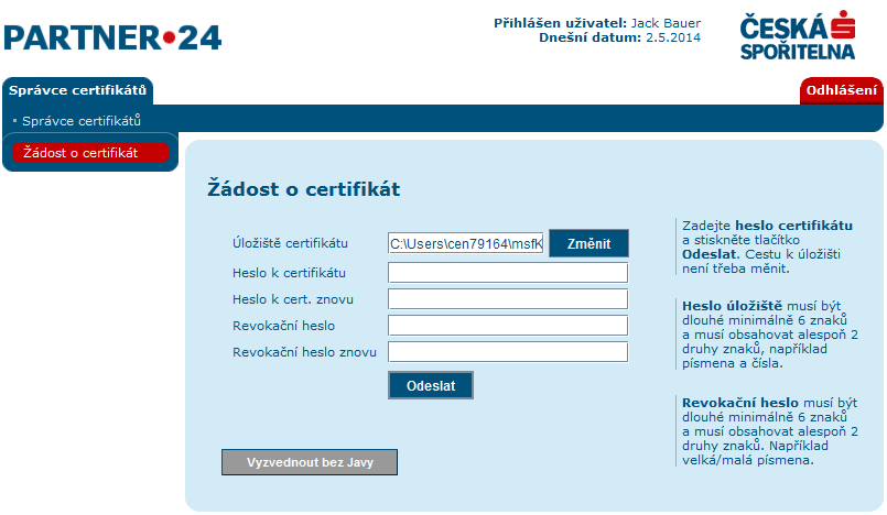 Zobrazí se obrazovka Správce certifikátů: 4.6.