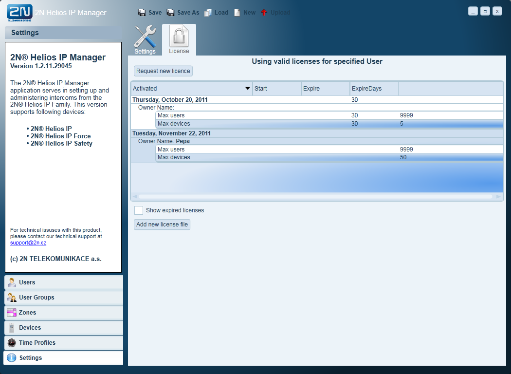 Licencování aplikace 2.3 2.3 Licencování aplikace Aplikace 2N Helios IP Manager je dodávána jako 30 denní demoverze.