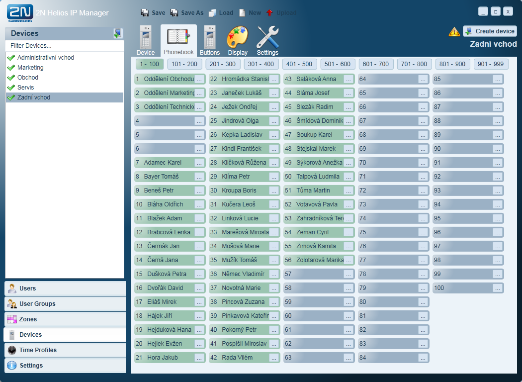 Zařízení 3.3 Nastavení Phone Book Na kartě Phone Book je možné nastavit uživatele, na které lze z vybraného zařízení volat pomocí tlačítek zrychlené volby nebo rychlé volby pomocí čísel.