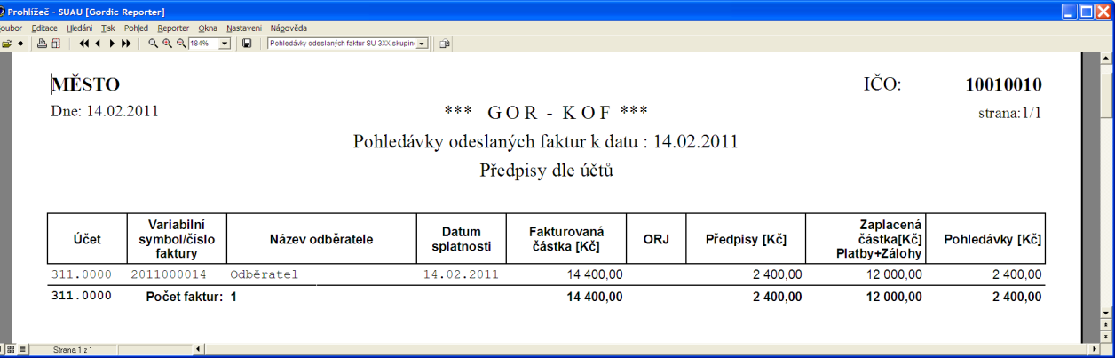 Takto vypadá grafický popis účetního dokladu předpisu této faktury: Obrázek 10 Grafický popis účetního dokladu V menu Faktury - Prohlížení a opravy ve funkci Tisk a volbě Pohledávky - předpisy dle