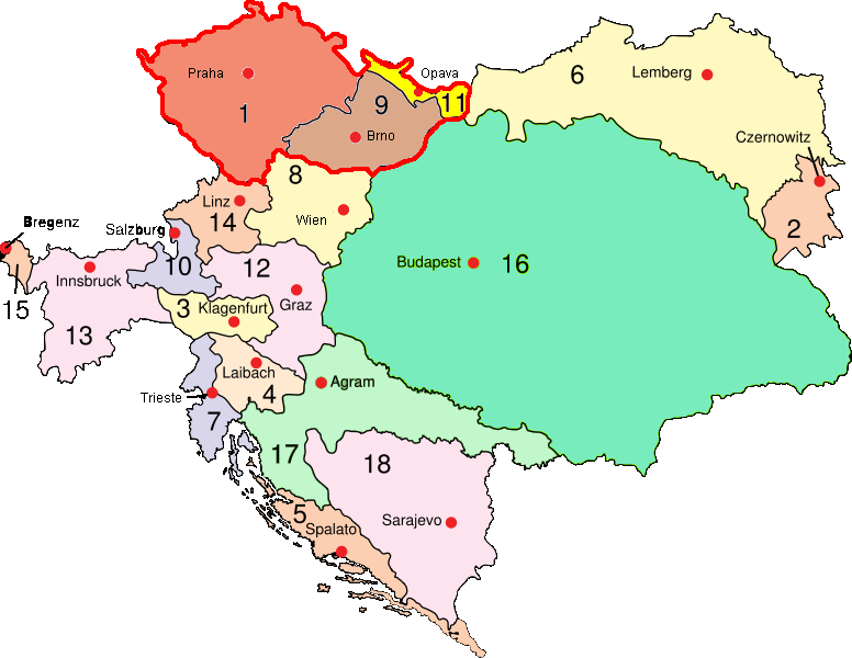 Předlitavsko : 1. Čechy, 2. Bukovina, 3. Korutansko, 4. Kraňsko, 5. Dalmacie, 6. Halič, 7. Rakouské pobřeží, 8. Dolní Rakousy, 9. Morava, 10. Salcbursko, 11. Slezsko, 12. Štýrsko, 13.