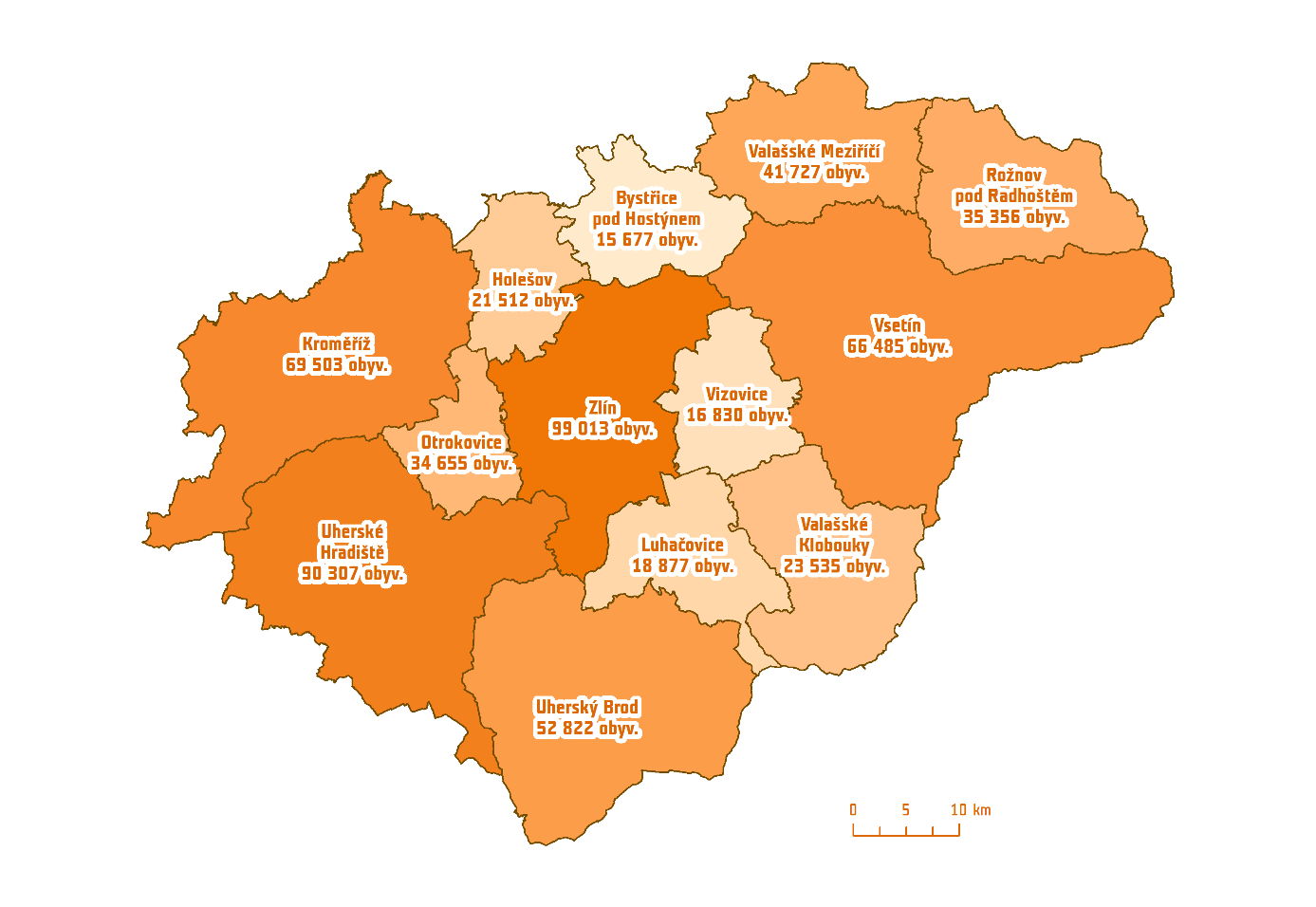 Obrázek č. 5: Administrativní členění Zlínského kraje dle správních obvodů ORP včetně počtů obyvatel k 31. 12.