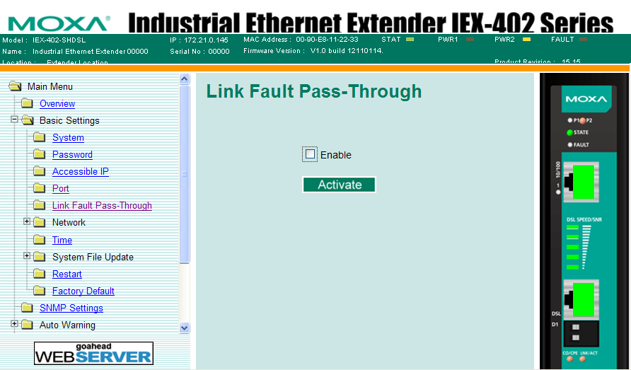 IEX-402-SHDSL Funkce Link Fault