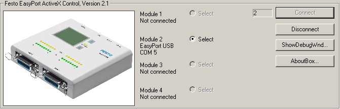 Obrázek 16: EasyPort Demo aplikace nabídka connect Zelená status LED na EasyPort modulu indikuje, jestli byl EasyPort správně inicializován.