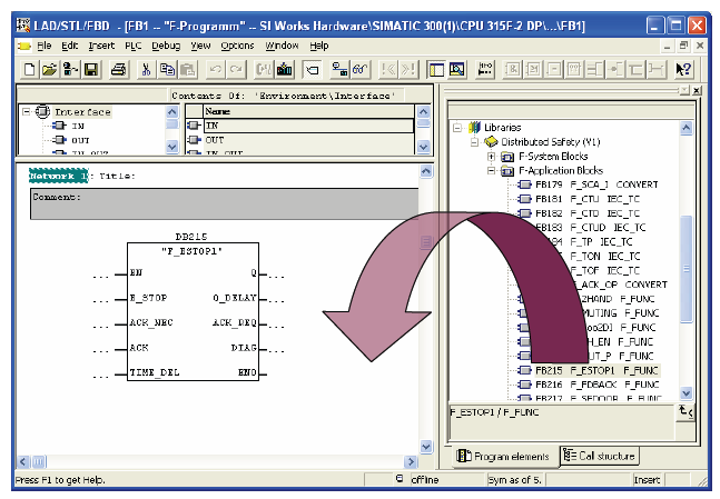 Obr 3.6 Vložení aplikačního bloku do FB Následuje definování F runtime pravidel : v Simatic Manager Options vybereme z nabídky Edit Safety program.